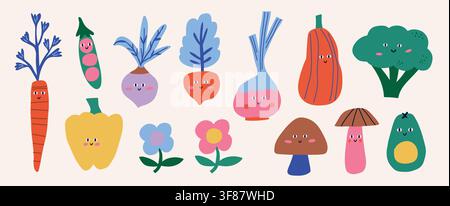 Collection de cliparts de légumes mignons mettant en scène des légumes kawaii souriants, des champignons et des fleurs simples inspirés d'une ferme maraîchère heureuse. Comprend carotte, petits pois, poivron jaune, radis, betterave, citrouille, brocoli, avocat et champignons. Parfait pour les projets de crèche, les autocollants et les loisirs créatifs pour enfants. Fichier vectoriel dessiné à la main. Illustration de Vecteur