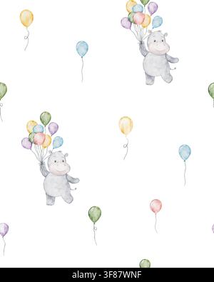 Motif sans couture aquarellé vibrant avec un adorable hippopotame volant sur des ballons colorés. Fond de ballons festifs peints à la main pour vœux de fête Banque D'Images