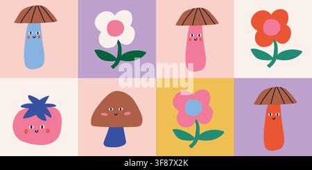 Motif sans couture en patchwork mignon mettant en vedette des champignons souriants, des tomates et des fleurs simples disposés en blocs de courtepansie. Un style de découpage minimaliste avec des couleurs chaudes et des personnages kawaii ludiques crée un design charmant pour les tissus pour bébés, les projets de matelassage, les textiles pour enfants et la décoration pour enfants. Fichier vectoriel dessiné à la main. Illustration de Vecteur