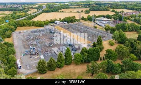 Une vue aérienne par drone du point d'alimentation du réseau Bushbury, un important site de transmission et de distribution d'électricité haute tension alimentant le nord de W Banque D'Images