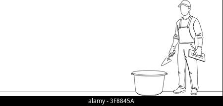 Dessin en ligne continu d'un plâtrier ou maçon masculin tenant une truelle et une lame de raclage à côté d'un pot à mortier, illustration vectorielle en lignes Illustration de Vecteur