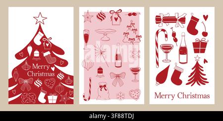Jeu de cartes de vœux de Noël dessinées à la main en style linéaire avec arbre de Noël et ornements, champagne, nœuds, flocons de neige, cadeau et chaussette Illustration de Vecteur