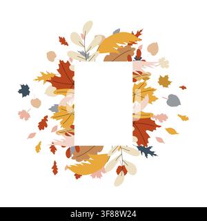 Cadre rectangulaire blanc vertical avec bouquet de feuillage et feuilles d'automne éparpillées tombant tout autour. Modèle de fond saisonnier moderne pour les réseaux sociaux Illustration de Vecteur