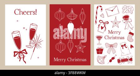 Ensemble de cartes de vœux de Joyeux Noël dessinées à la main avec des ornements d'arbre de Noël, du champagne, des feux d'artifice, des cadeaux et une chaussette Illustration de Vecteur