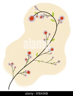 Branche courbée délicatement dessinée à la main, ornée de baies rouges, de feuilles vertes et de doux halos bleus, posée sur une forme organique pastel beige subtile. Banque D'Images