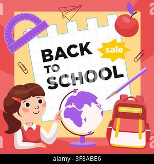 Bannière de vente scolaire. Illustration vectorielle plate pour les campagnes éducatives, la décoration de classe, le style de vie étudiant, les promotions saisonnières Illustration de Vecteur
