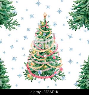 Un motif aquarelle sans couture avec des sapins de Noël décorés et des flocons de neige. Parfait pour les impressions de Noël, les textiles, les emballages cadeaux, les menus de café d'hiver Banque D'Images