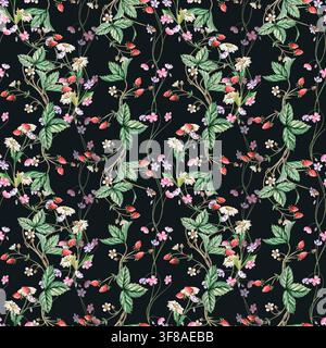 Fraises mûres avec des fleurs sauvages délicates dans un motif aquarellé sans couture sur un fond sombre. Parfait pour la conception de tissus, les emballages, les cartes, la maison Banque D'Images