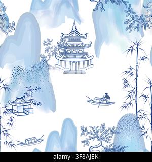 Motif sans couture asiatique traditionnel. Arrière-plan de paysage chinois avec des bâtiments et des éléments de pin. Arrière-plan japonais avec des icônes traditionnelles asiatiques Illustration de Vecteur