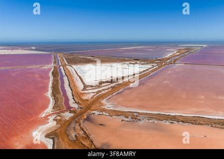 Vue aérienne des marais salants et des bassins d'évaporation de Walvis Bay en Namibie. Banque D'Images