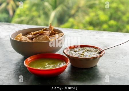 Chips de tortilla avec guacamole et salsa verte sur une table, avec un feuillage vert flou en arrière-plan Banque D'Images