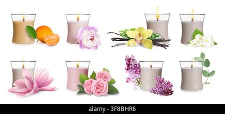 Bougies aromatiques isolées sur blanc. Collection de parfums variés Banque D'Images