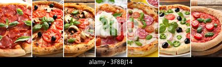 Collage avec un assortiment de pizzas savoureuses, gros plan. Conception de bannière Banque D'Images