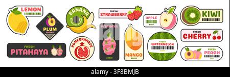 Jeu d'étiquettes et d'autocollants pour fruits alimentaires. Badges de baies biologiques de dessin animé avec étiquette naturelle fraîche pour supermarché et magasin de ferme. Patchs et autocollants rétro à la mode. Collection bio d'emblème d'illustration vectorielle plate Illustration de Vecteur