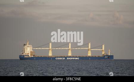 Un grand navire de charge avec l'inscription 'COSCO SHIPPING' sur le côté naviguant dans l'océan sous un ciel nuageux Banque D'Images