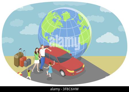Illustration conceptuelle plate isométrique en 3D de voyage en famille en voiture, Famille heureuse en vacances Banque D'Images