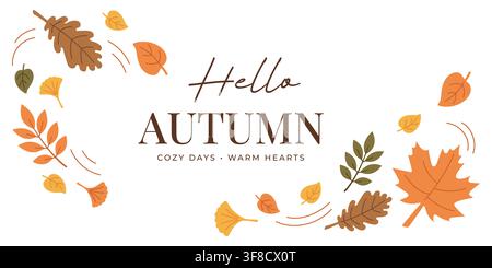 Bannière de salutation Hello Autumn avec des feuilles colorées d'érable, de chêne et de ginkgo tombantes, typographie Cozy Days Warm Hearts, cadre de feuillage automnal saisonnier pour Illustration de Vecteur