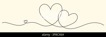 Trois cœurs interconnectés dessinés avec une ligne continue fluide sur fond crème, symbole romantique minimaliste de l'amour, de la famille, des relations, de l'unité Illustration de Vecteur