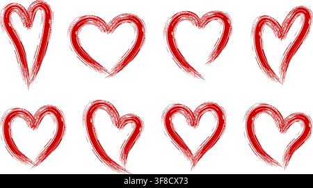 Ensemble de huit cœurs dessinés à la main en rouge à l’aide d’un pinceau, isolés sur fond blanc, symboles d’amour grunge romantiques pour la Saint-Valentin, mariage, carte de vœux, invitation Illustration de Vecteur