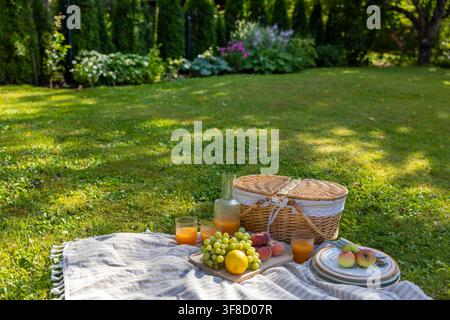 Configuration de pique-nique d'été confortable avec un panier en osier, des fruits frais et du jus d'orange sur une couverture rayée dans un jardin verdoyant. Scène de style de vie en plein air Banque D'Images