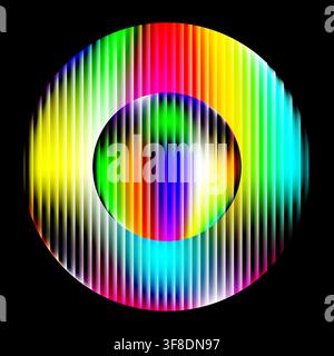 Design circulaire abstrait avec des rayures verticales arc-en-ciel vibrantes sur un fond noir solide Illustration de Vecteur