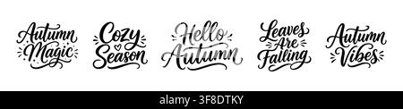 Ensemble de citations calligraphiques d'automne. Phrases calligraphiées dessinées à la main sur la saison automnale. Texte noir isolé sur fond blanc. Élément de conception typographique Illustration de Vecteur