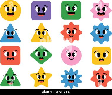Collection d'icônes faciales géométriques joyeuses en diverses formes et couleurs sur un fond blanc propre Illustration de Vecteur