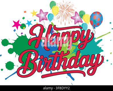 Design de célébration d'anniversaire vibrant avec texte coloré, confettis, étoiles et ballons dans un style festif Illustration de Vecteur