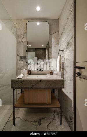Intérieur de salle de bain moderne avec lavabo en marbre, miroir, évier et porte beige dans un appartement ou un hôtel de luxe. Banque D'Images