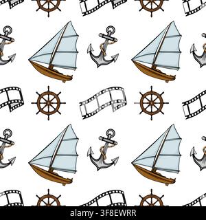 Motif vectoriel sans couture avec des éléments cinématographiques nautiques, comprenant des voiliers, des roues de bateau, des ancres et des bandes de film sur fond blanc. Illustration de Vecteur