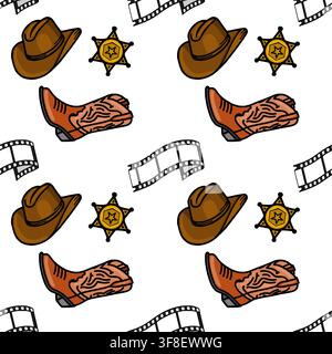 Motif vectoriel sans joint pour cinéma western mettant en vedette des chapeaux de cowboy, des insignes de shérif, des bottes et des bandes de film Illustration de Vecteur
