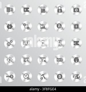 Une grille de vingt-cinq icônes circulaires métalliques brillantes représentant divers concepts liés à la finance numérique, à la cryptomonnaie et à la technologie blockchain Illustration de Vecteur