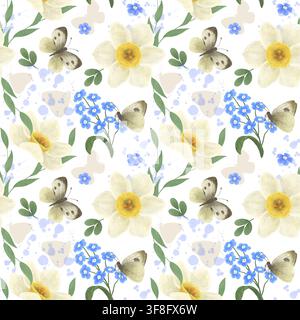 Motif sans couture. Imprimé délicat du printemps. Narcisse blanc, papillons, fleurs bleues, brindilles vertes dans un style plat. Transparence. Aquarelle, pastel. Banque D'Images