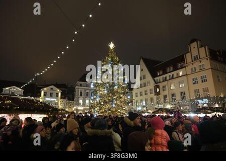 Tallinn, Estonie-29 nov. 2025 : Vue nocturne du marché de Noël dans la vieille ville de Tallinn, arbre de Noël décoré et lumières festives avec une foule de personnes Banque D'Images