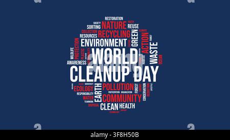 Un graphique vectoriel en forme de nuage de mots typographiques circulaire pour la Journée mondiale du nettoyage, présentant des mots-clés environnementaux en rouge et blanc sur un fond bleu foncé. Illustration de Vecteur