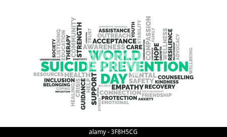 Design de nuage de mots typographique pour la Journée mondiale de la prévention du suicide, mettant en avant des concepts clés tels que la santé mentale, le soutien et l'empathie en vert et gris Illustration de Vecteur