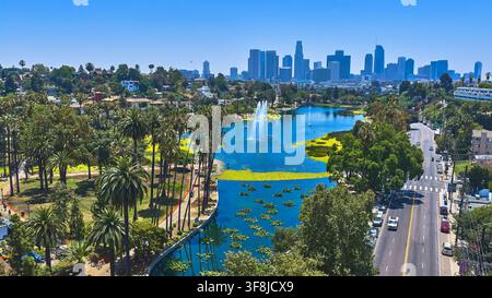 Vue aérienne du lac Echo Park, des palmiers et de la ligne d'horizon de Los Angeles – une oasis urbaine Banque D'Images