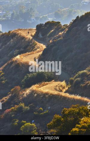 Sentier de randonnée de Griffith Park avec chemin sinueux et collines dorées à Los Angeles Banque D'Images