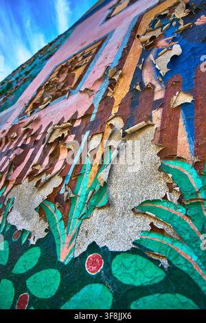Peinture écaillée sur une fresque urbaine colorée avec texture de dégradation et art historique fané Banque D'Images