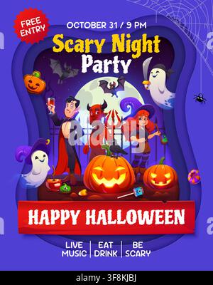 Costumes découpés dans du papier pour le carnaval, flyer de fête d'Halloween avec personnages de vacances. Flyer vectoriel de la saison d'Halloween. Bannière de fête d'horreur d'octobre avec devi Illustration de Vecteur