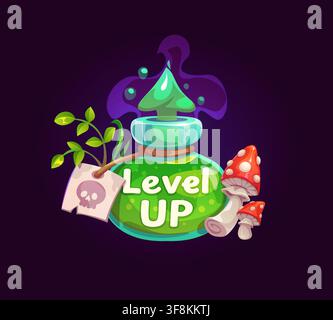 Badge de niveau supérieur d'un jeu d'Halloween effrayant mettant en vedette une bouteille de potion magique verte brillante avec de la fumée violette, des herbes, des champignons et une étiquette de poison en forme de crâne. Dessin animé Illustration de Vecteur