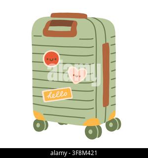Illustration vectorielle d'une valise de voyage verte mignonne avec des autocollants en style doodle. Idéale pour les vacances, les bagages, les vols, les voyages et la conception de vacances d'été Illustration de Vecteur
