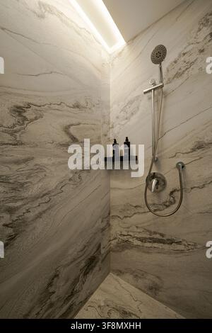 Zone de douche moderne en marbre avec accessoires chromés et flacons distributeurs noirs. Banque D'Images