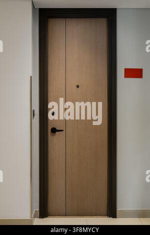 Porte en bois moderne fermée avec cadre sombre dans un couloir blanc minimaliste. Banque D'Images