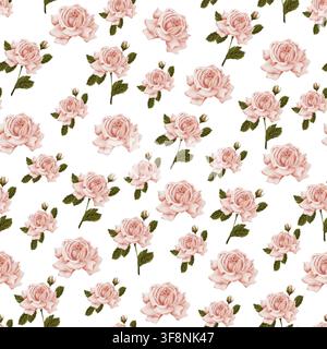 Motif délicat sans couture mettant en scène des roses épanouies éparpillées, des boutons de rose et des feuilles, peints à la main à l'aquarelle. Idéal pour le tissu, le papier peint, la papeterie Banque D'Images