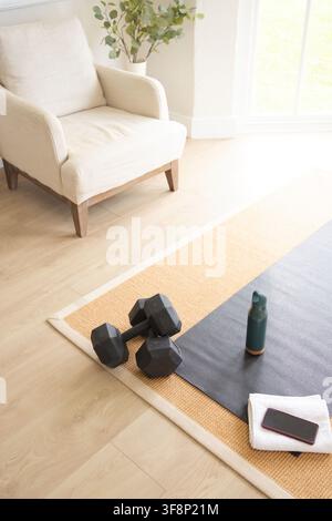 Haltères hexagonales noirs reposant sur un tapis tissé à côté d’un tapis de yoga près de la fenêtre, avec serviette et téléphone Banque D'Images