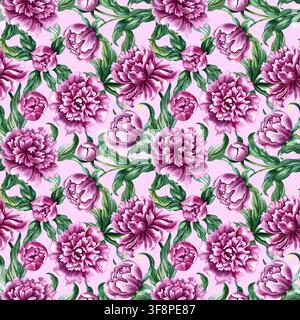Motif sans couture avec des pivoines roses. Une illustration aquarellée dessinée à la main. Sur un fond rose. Idéal pour les textiles, les nappes et les rideaux Banque D'Images