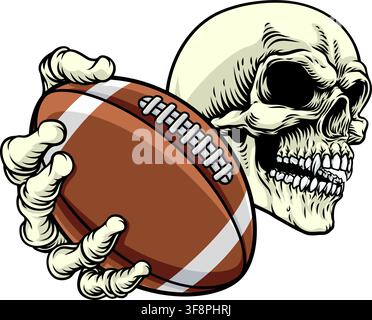 Une faucheuse ou un squelette de la mort mascotte d'équipe sportive ou d'événement Halloween tenant un ballon de football américain Illustration de Vecteur