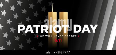 Bannière du 9 11 Patriot Day, tours jumelles dorées, drapeau noir des États-Unis Illustration de Vecteur
