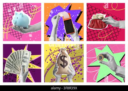 Collage de transactions financières et de gestion d'argent avec des mains tenant de l'argent liquide, un cochon de banque bitcoin et un terminal de paiement sur des arrière-plans colorés Banque D'Images